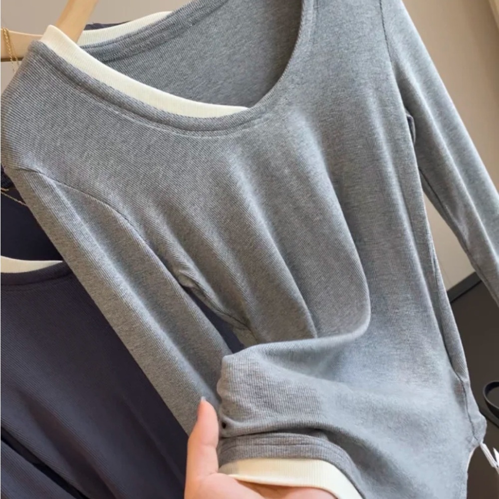 Brand NEW！ Chic Gray Ribbed Knit Top